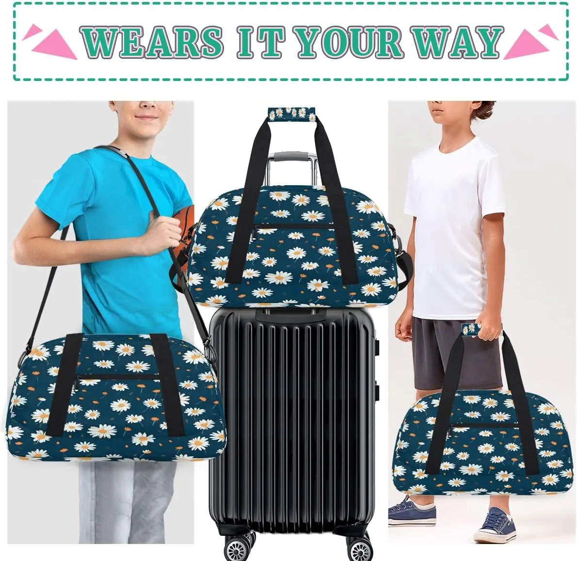 Beautiful Daisy Kids Overnighter Duffel Bags for Boys, Carry-On Size Sports Gym Bag with Front Zipper Pocket for School Practice or Overnight Travel Weekender Sleepover Tote Bag