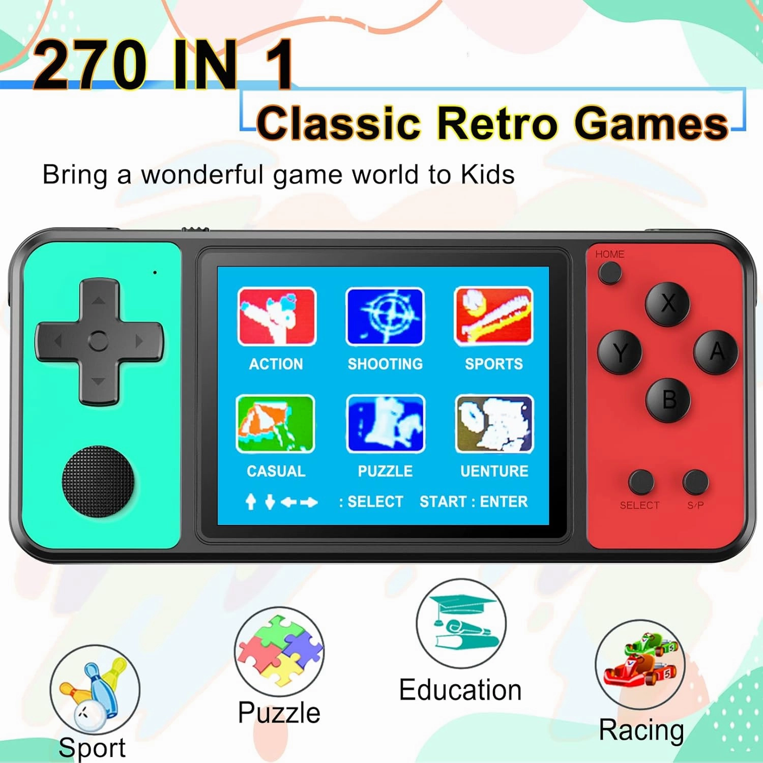 Beico Handheld Game for Kids Adults 3.0" Large Screen Built in 270 Classic Retro Video Games Seniors Electronic Games Player Birthday Xmas Present (Black Green)