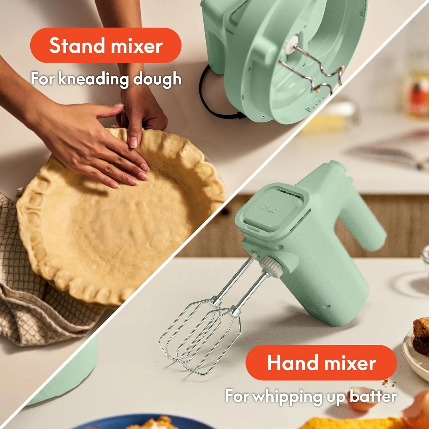 bella 3.5 qt Hand Blender & Stand Mixer, 2 in 1 Electric Mixer with Bowl, Dough Hook, Whisk & Egg Beater, Multifunctional Handheld Blender & Mixer for Baking, 200 Watt, Seaglass
