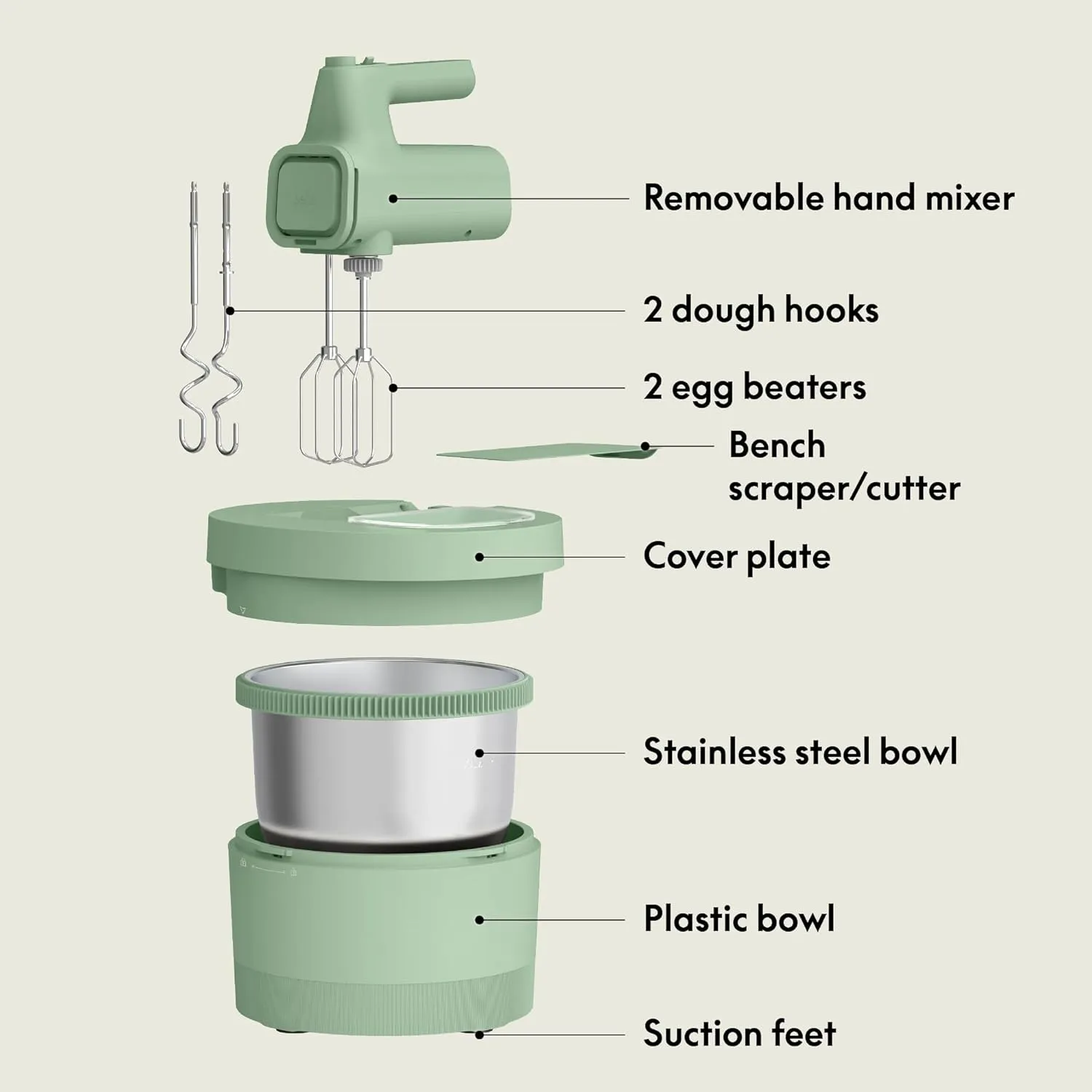 bella 3.5 qt Hand Blender & Stand Mixer, 2 in 1 Electric Mixer with Bowl, Dough Hook, Whisk & Egg Beater, Multifunctional Handheld Blender & Mixer for Baking, 200 Watt, Seaglass