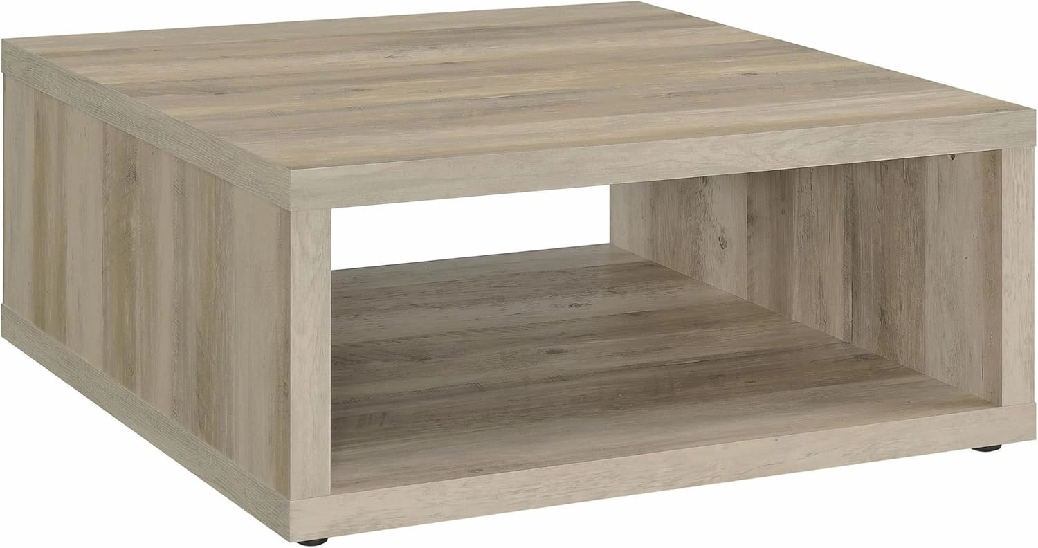 Benjara Rizz Coffee Table, Square Cube Design Open Shelf, 36 Inch, Distressed Light Brown