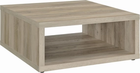 Benjara Rizz Coffee Table, Square Cube Design Open Shelf, 36 Inch, Distressed Light Brown