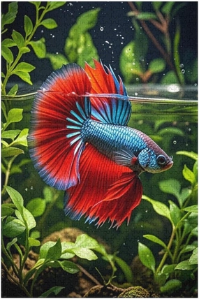 Betta Fish Puzzle 1000 Pieces – Vibrant Blue and Red Siamese Fighting Fish Art, Colorful Aquatic Wooden Jigsaw Puzzle for Fish Lovers