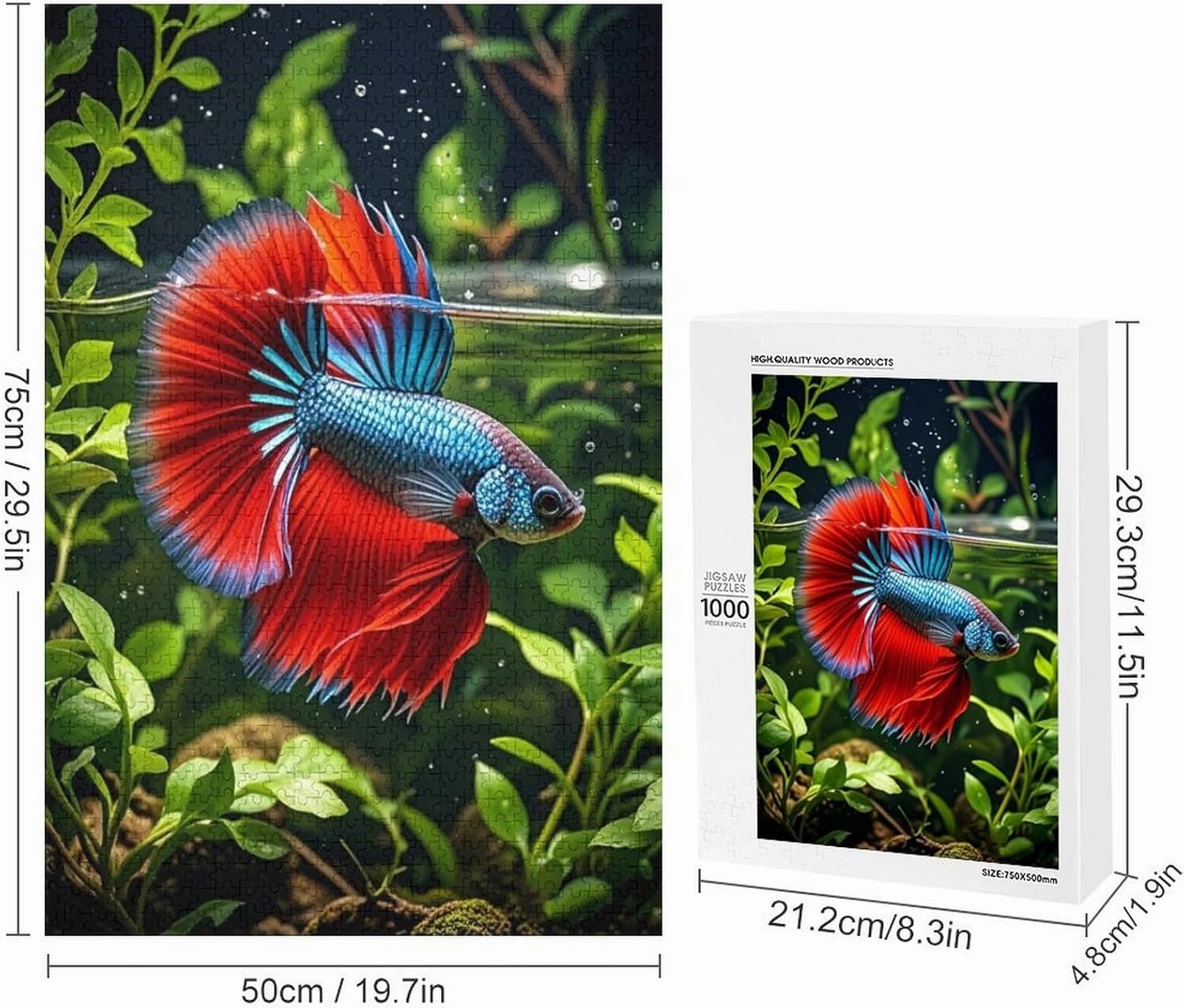 Betta Fish Puzzle 1000 Pieces – Vibrant Blue and Red Siamese Fighting Fish Art, Colorful Aquatic Wooden Jigsaw Puzzle for Fish Lovers