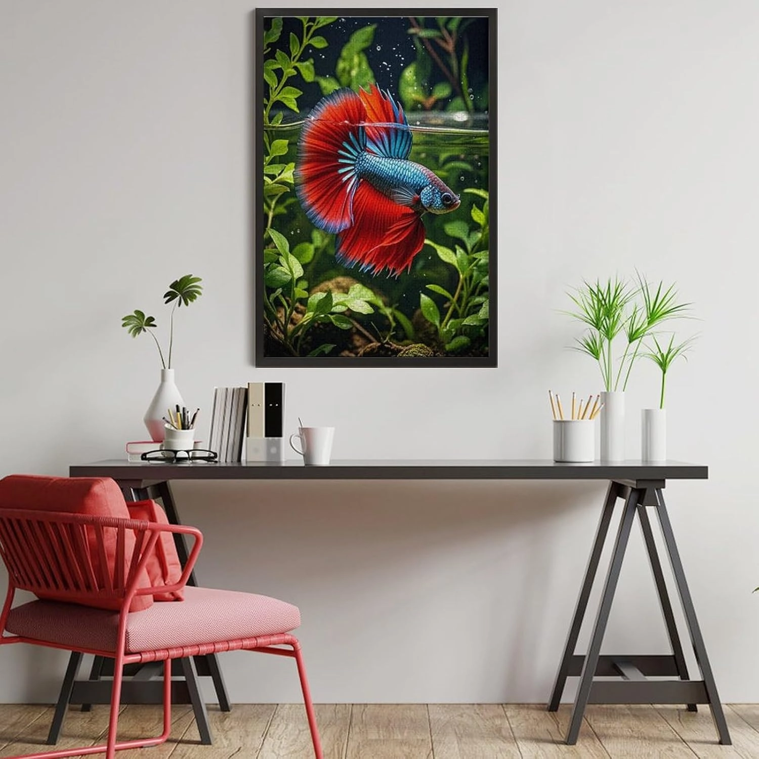 Betta Fish Puzzle 1000 Pieces – Vibrant Blue and Red Siamese Fighting Fish Art, Colorful Aquatic Wooden Jigsaw Puzzle for Fish Lovers