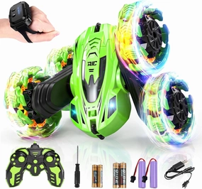 BEZGAR Remote Control Car - Gesture Sensing Explosive Wheel RC Car with Double Sided 360° Rotate, 4WD with Headlights, Rechargeable Batteries, Xmas Gifts for Boys (Green)