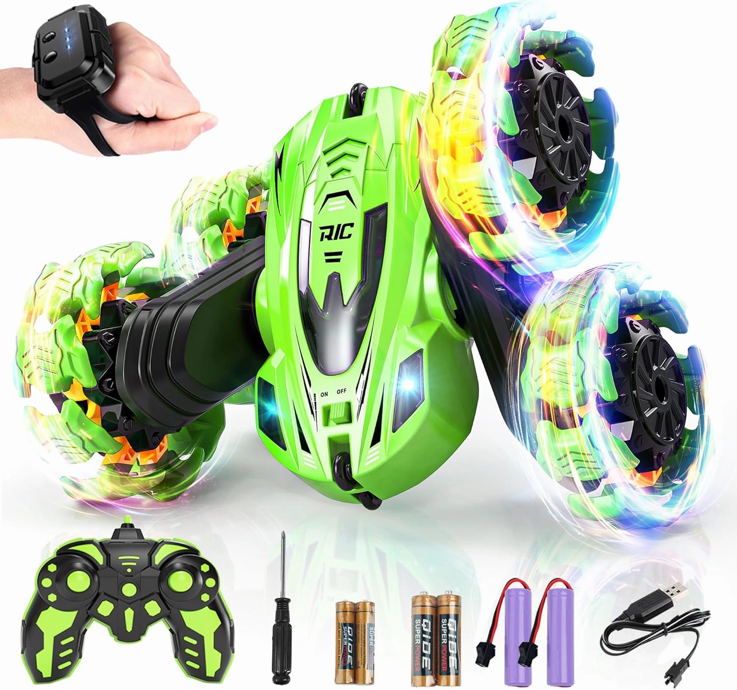 BEZGAR Remote Control Car - Gesture Sensing Explosive Wheel RC Car with Double Sided 360° Rotate, 4WD with Headlights, Rechargeable Batteries, Xmas Gifts for Boys (Green)