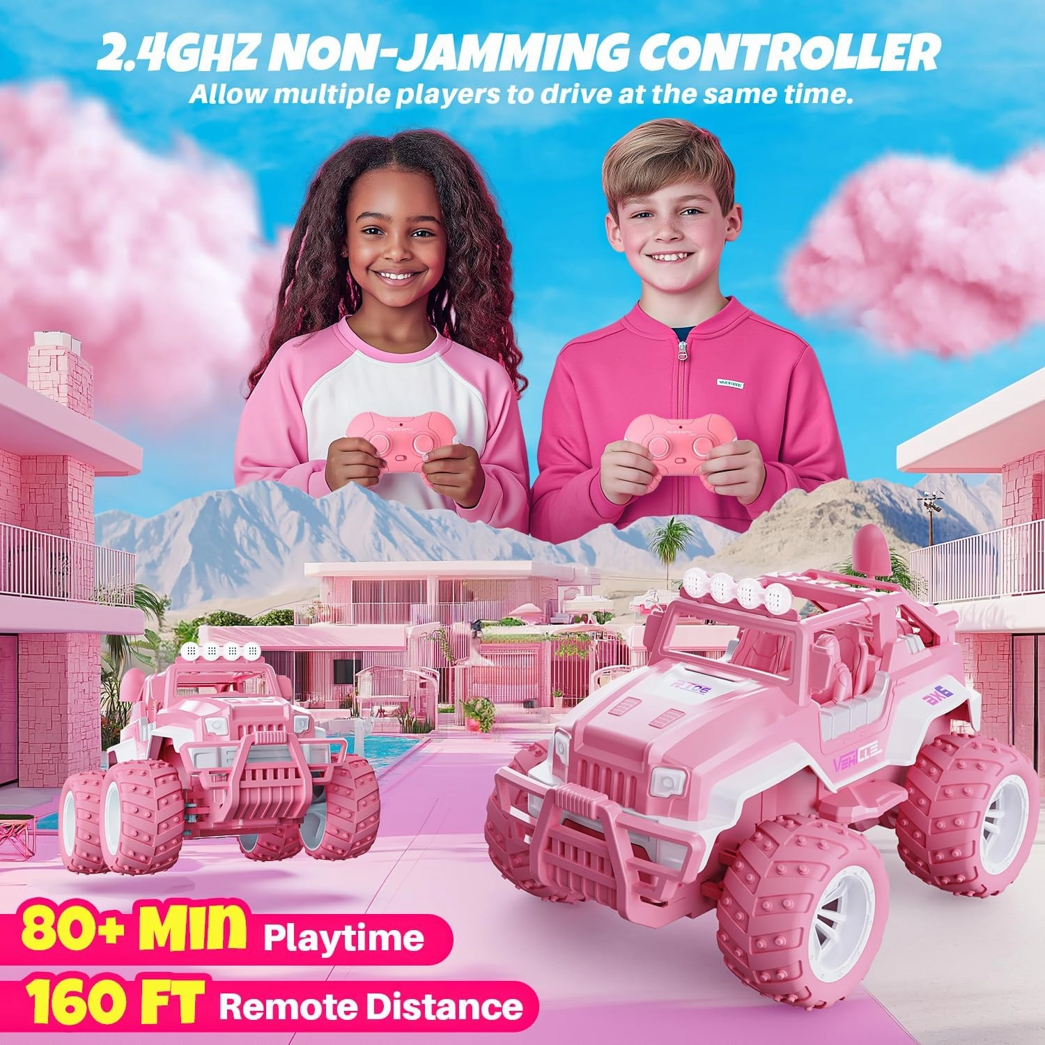 BEZGAR Remote Control Car for Girls - 1:16 Pink RC Cars with 4 Windmills, 2.4GHz with LED Lights, 80 Mins Play with Rechargeable Battery, Monster Truck Jeep Toys Birthday Gifts for Kids