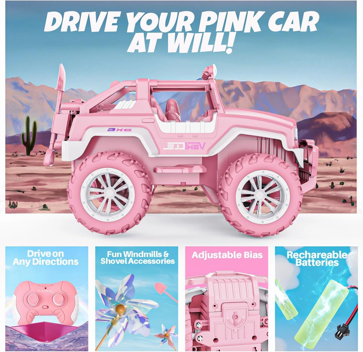 BEZGAR Remote Control Car for Girls - 1:16 Pink RC Cars with 4 Windmills, 2.4GHz with LED Lights, 80 Mins Play with Rechargeable Battery, Monster Truck Jeep Toys Birthday Gifts for Kids