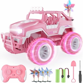 BEZGAR Remote Control Car for Girls - 1:16 Pink RC Cars with 4 Windmills, 2.4GHz with LED Lights, 80 Mins Play with Rechargeable Battery, Monster Truck Jeep Toys Birthday Gifts for Kids