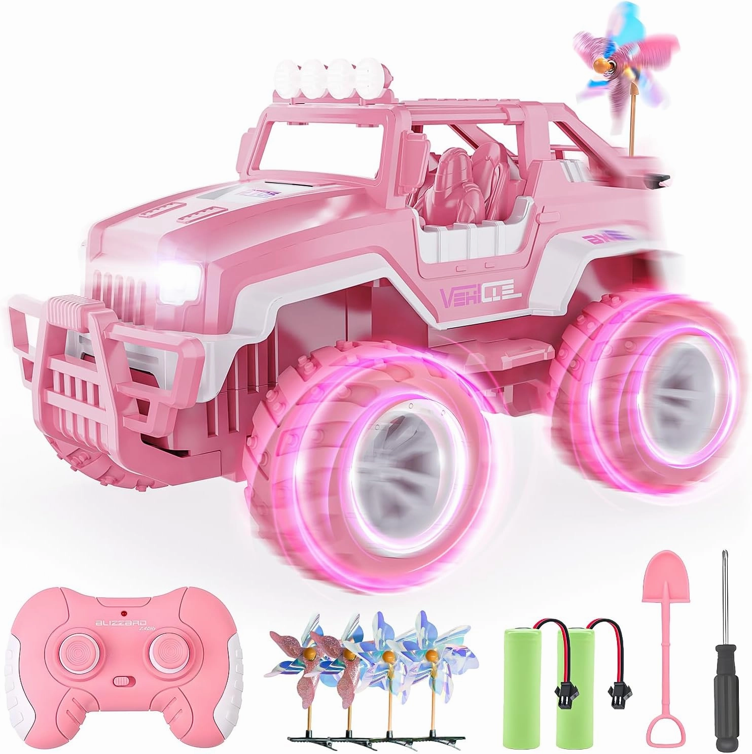 BEZGAR Remote Control Car for Girls - 1:16 Pink RC Cars with 4 Windmills, 2.4GHz with LED Lights, 80 Mins Play with Rechargeable Battery, Monster Truck Jeep Toys Birthday Gifts for Kids