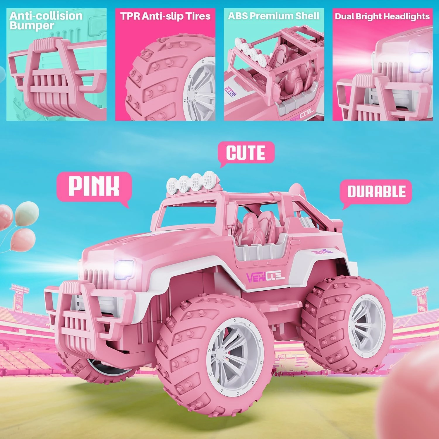 BEZGAR Remote Control Car for Girls - 1:16 Pink RC Cars with 4 Windmills, 2.4GHz with LED Lights, 80 Mins Play with Rechargeable Battery, Monster Truck Jeep Toys Birthday Gifts for Kids
