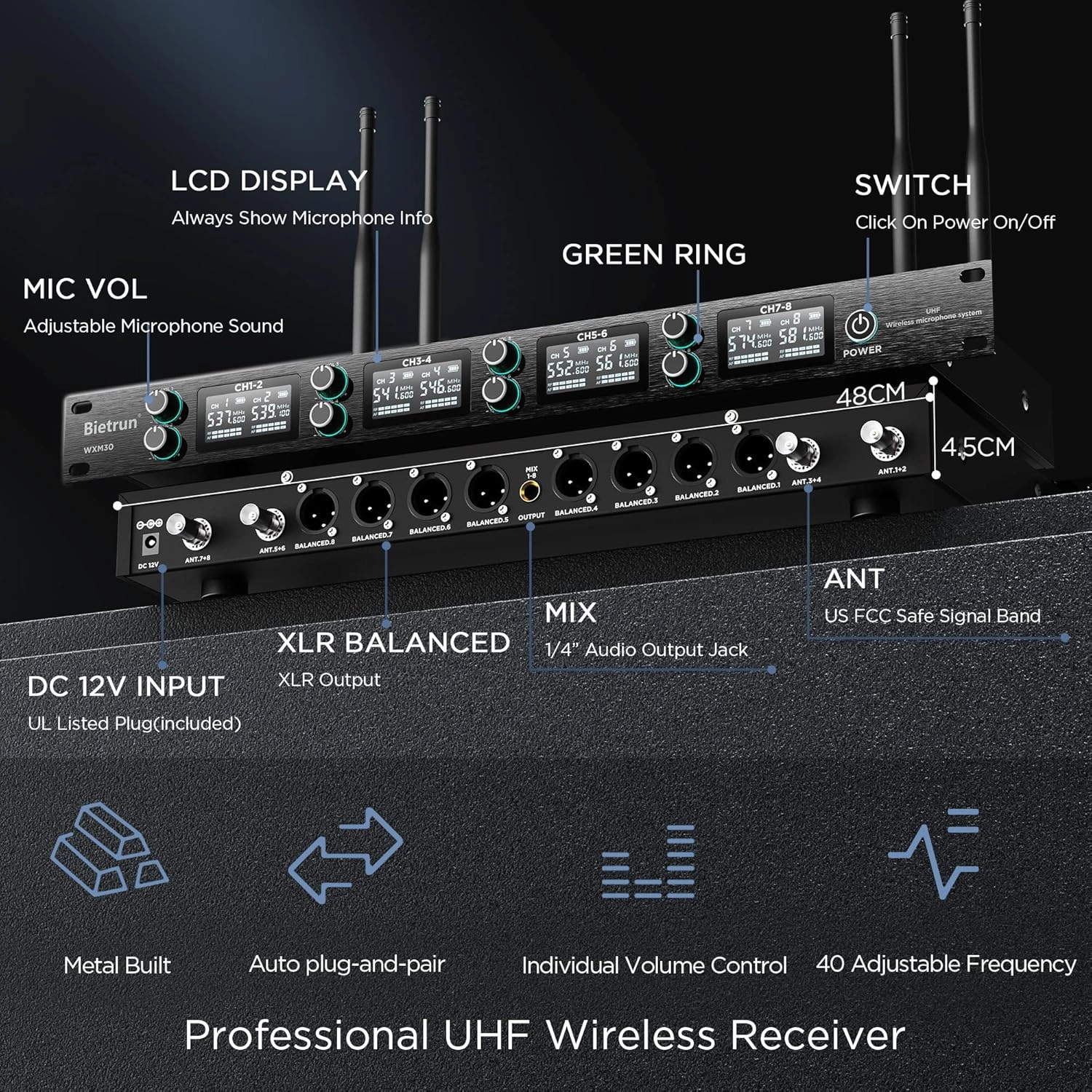 Bietrun 8-Channel Wireless Microphone System with 8 Rechargeable Mics Wireless, UHF 295ft Range, Professional Metal Cordless Dynamic Vocals Mics for Adults,Karaoke Party,Singing,Church,(Auto Connect)