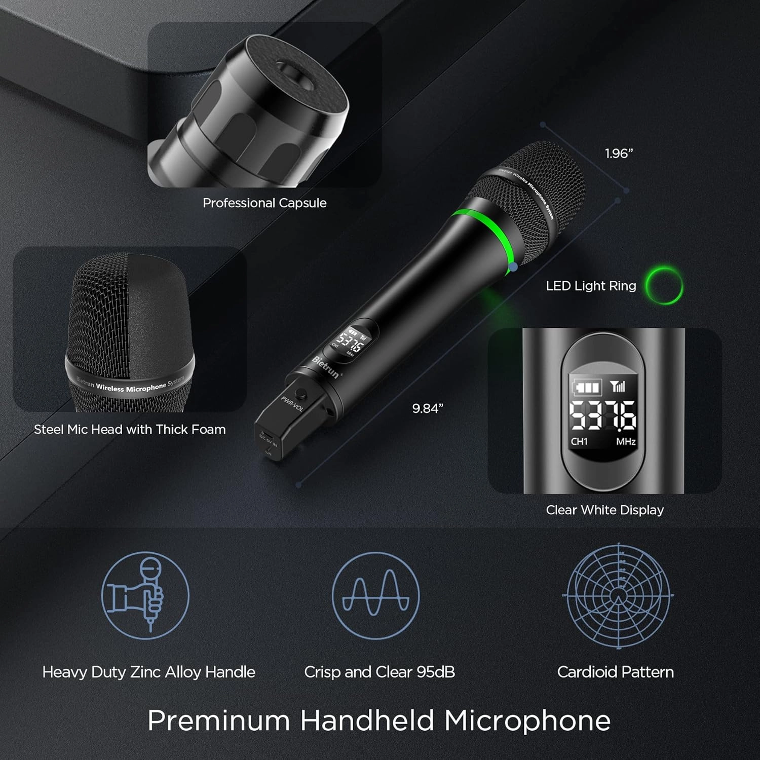 Bietrun 8-Channel Wireless Microphone System with 8 Rechargeable Mics Wireless, UHF 295ft Range, Professional Metal Cordless Dynamic Vocals Mics for Adults,Karaoke Party,Singing,Church,(Auto Connect)