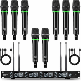 Bietrun 8-Channel Wireless Microphone System with 8 Rechargeable Mics Wireless, UHF 295ft Range, Professional Metal Cordless Dynamic Vocals Mics for Adults,Karaoke Party,Singing,Church,(Auto Connect)