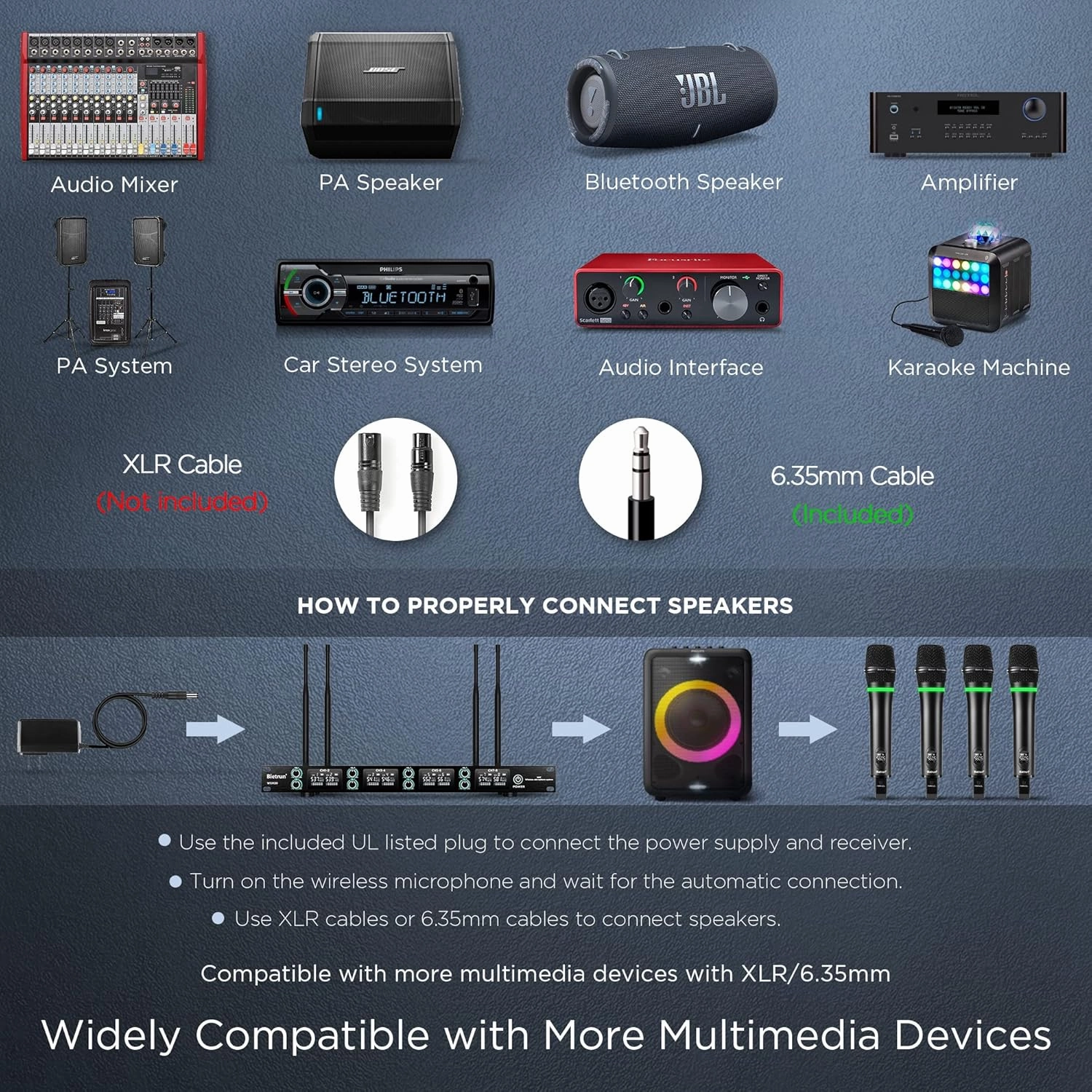 Bietrun 8-Channel Wireless Microphone System with 8 Rechargeable Mics Wireless, UHF 295ft Range, Professional Metal Cordless Dynamic Vocals Mics for Adults,Karaoke Party,Singing,Church,(Auto Connect)