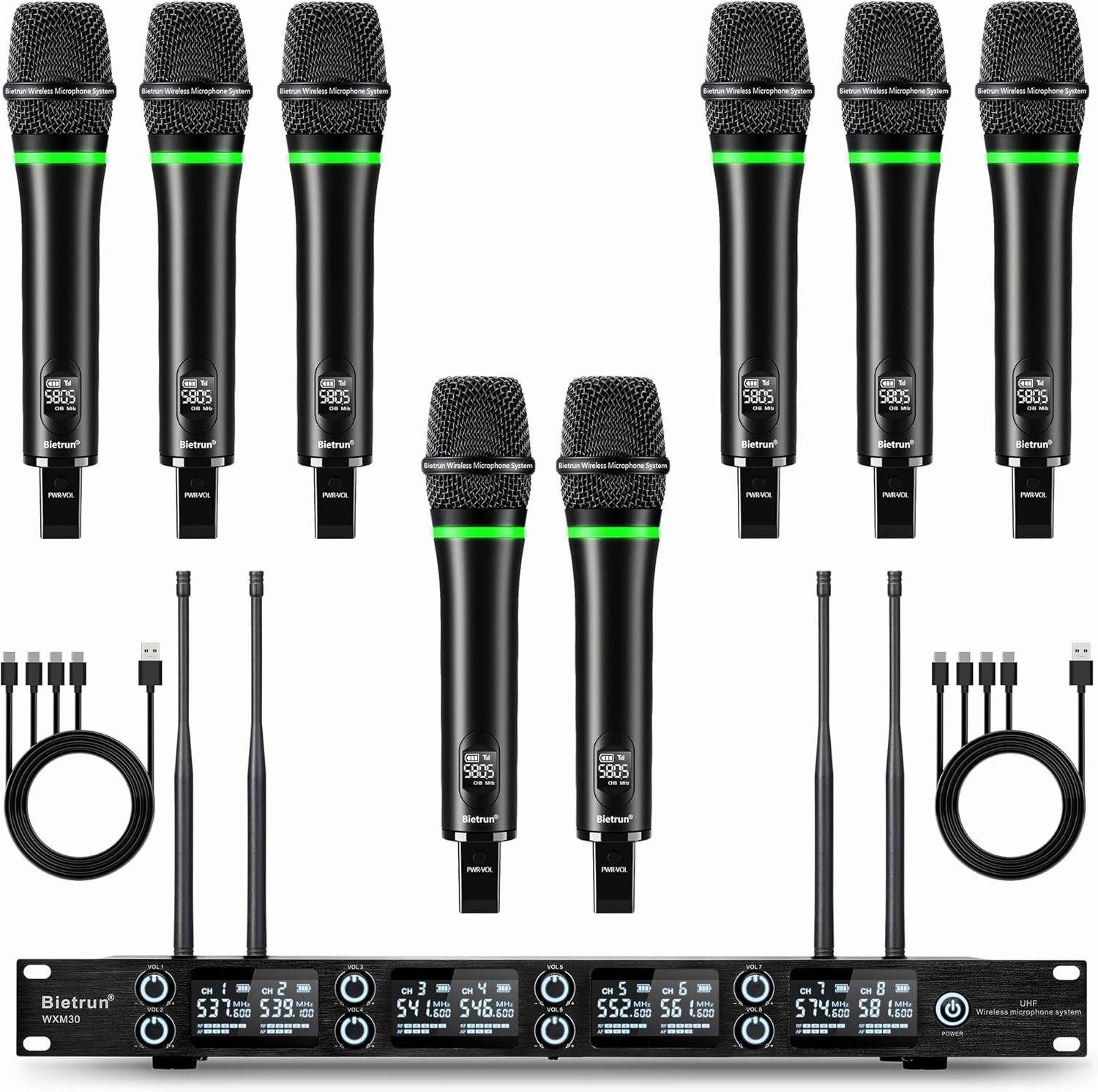 Bietrun 8-Channel Wireless Microphone System with 8 Rechargeable Mics Wireless, UHF 295ft Range, Professional Metal Cordless Dynamic Vocals Mics for Adults,Karaoke Party,Singing,Church,(Auto Connect)
