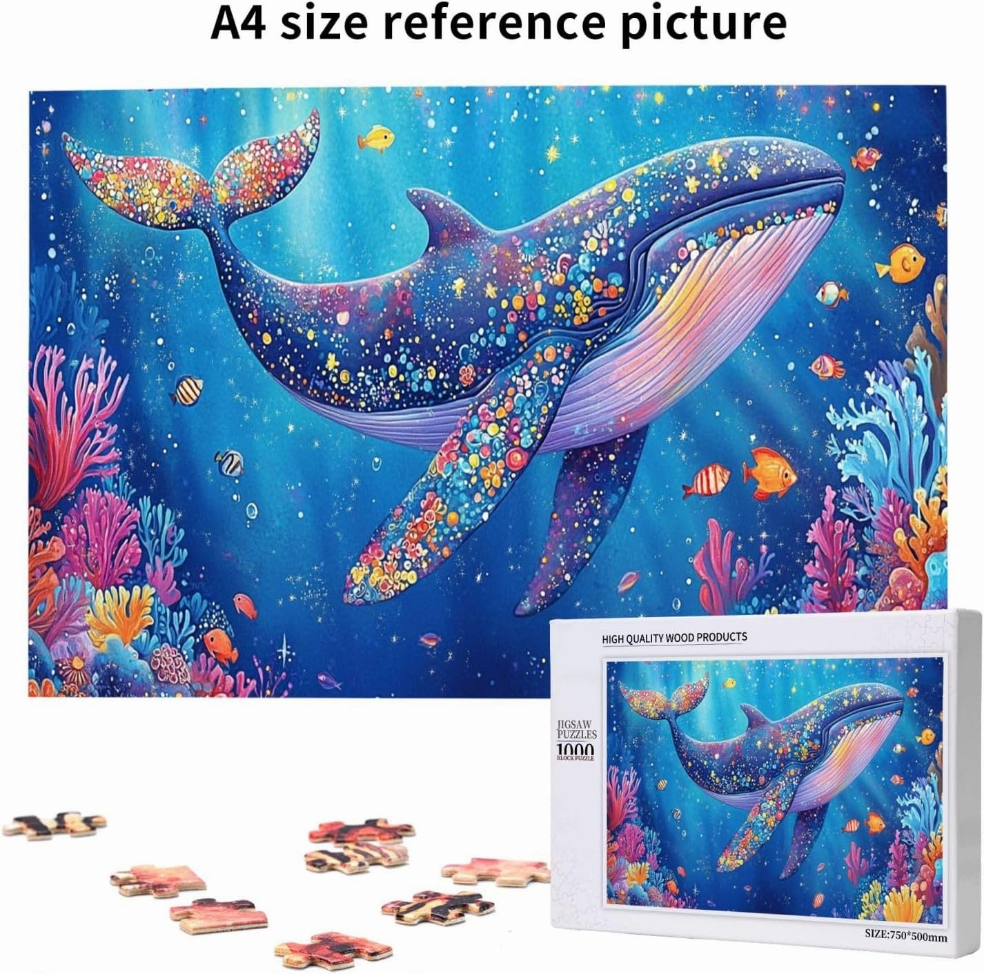 Big Fish Swimming Through The Ocean, 1000 Pcs Vibrant Adult Wooden Puzzles,Recreational Game That Exercises Brain Power, Patience and Hands-On Skills，Promote A Warmer Relationship