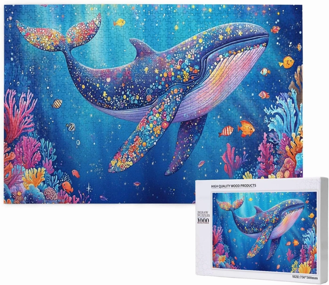 Big Fish Swimming Through The Ocean, 1000 Pcs Vibrant Adult Wooden Puzzles,Recreational Game That Exercises Brain Power, Patience and Hands-On Skills，Promote A Warmer Relationship