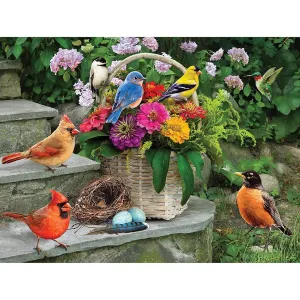 Bits and Pieces - 300 Piece Jigsaw Puzzle for Adults - Birds on Porch Steps - 300 Piece Large Piece Flower Jigsaw Puzzle by Greg Giordano - 18" x 24"