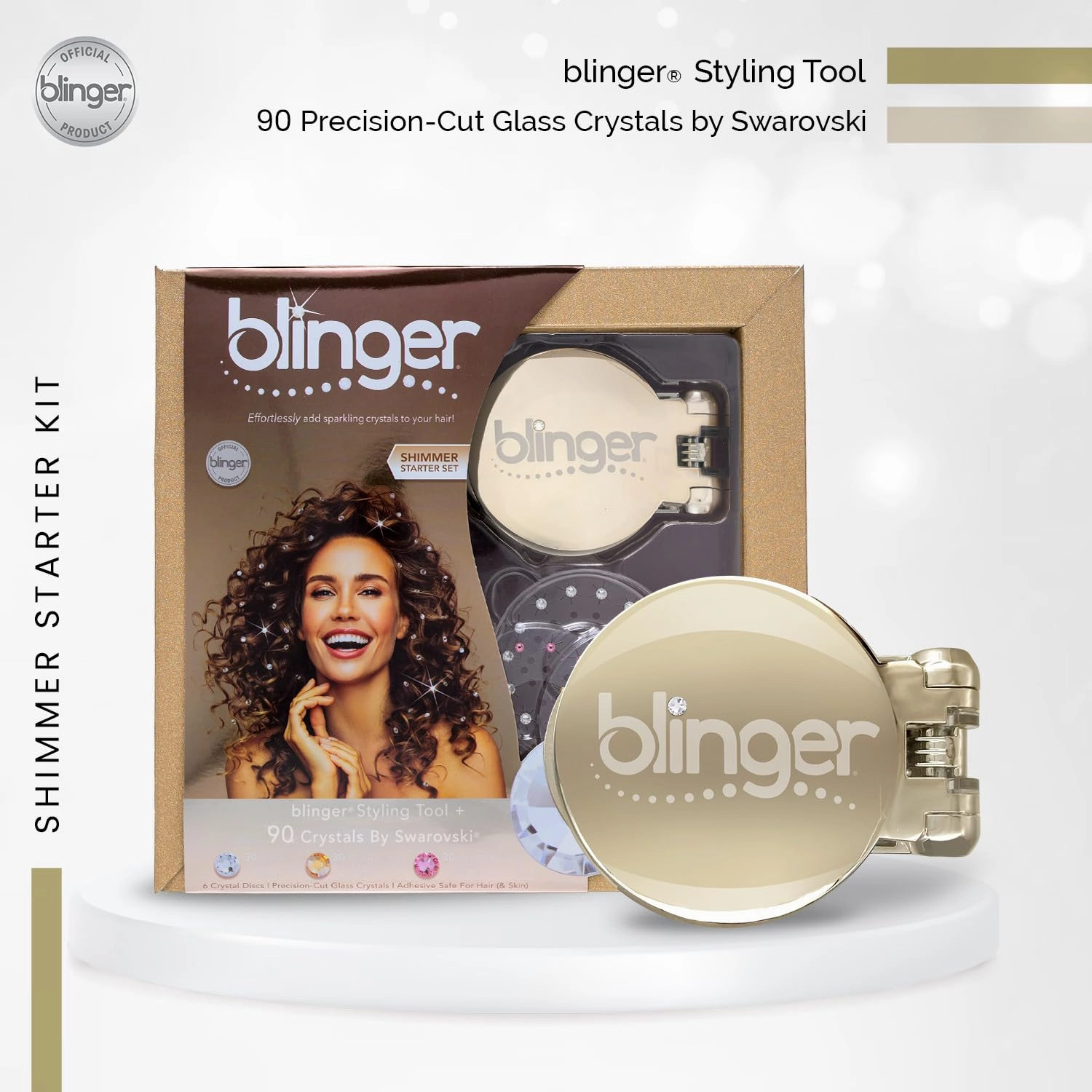blinger® Shimmer Starter Set with Gold-Plated blinger Styling Tool & 90 Precision-Cut Glass Crystals | Precision-Cut Glass Crystal Bedazzler for Hair & Skin