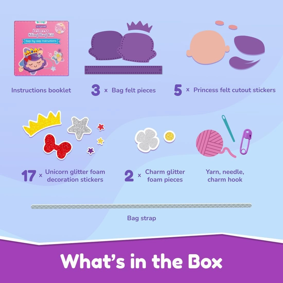 Bloomingo Art & Craft Kit - Princess Sling Bag: Fun Mess Free Arts & Craft Kit for Kids; Design Your Own Magical DIY Craft Bag; Birthday Gift for Girls & Boys Multicolor