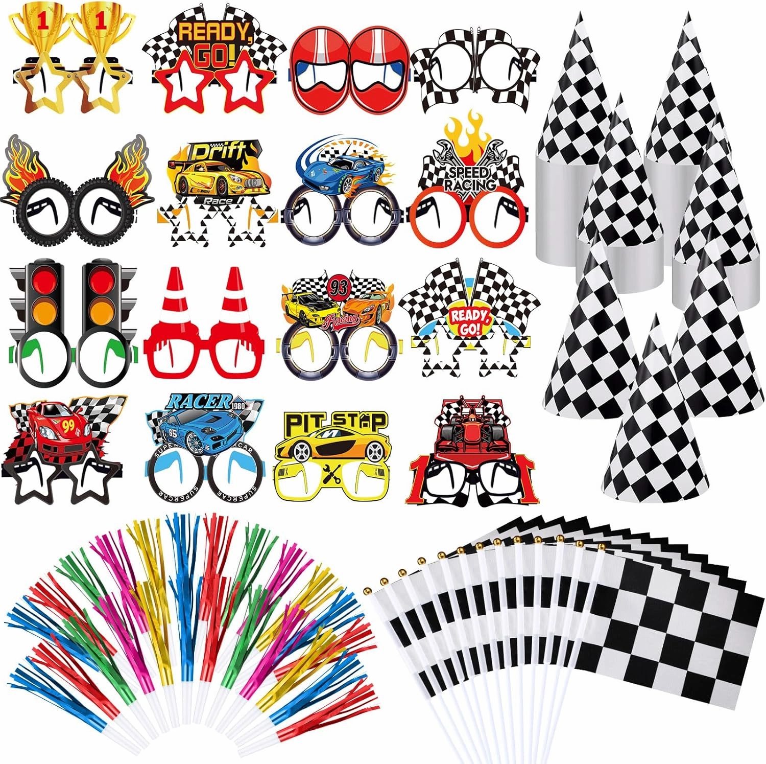 Blosssound 96 Pcs Race Car Party Favors Racing Paper Glasses Stick Flags Black White Checkered Cone Hats Blow Dragons Racing Party Decorations for Race Car Baby Shower Birthday Supplies
