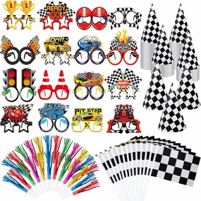 Blosssound 96 Pcs Race Car Party Favors Racing Paper Glasses Stick Flags Black White Checkered Cone Hats Blow Dragons Racing Party Decorations for Race Car Baby Shower Birthday Supplies