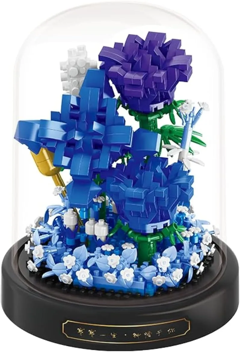 Blue Rosa hybrida Home Bouquets Building Toy with Dust Cover - Creative Housewarming, Ideal Creative Toy Gift for Moms and Women