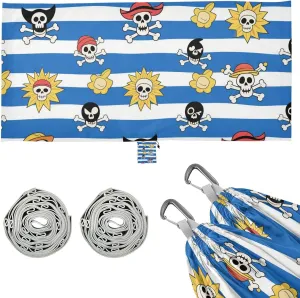 Blue White Striped Coastal Pirate Skeleton Camping Hammock with Portabl Carry Bag Portable Hammock for Indoor Outdoor Patio