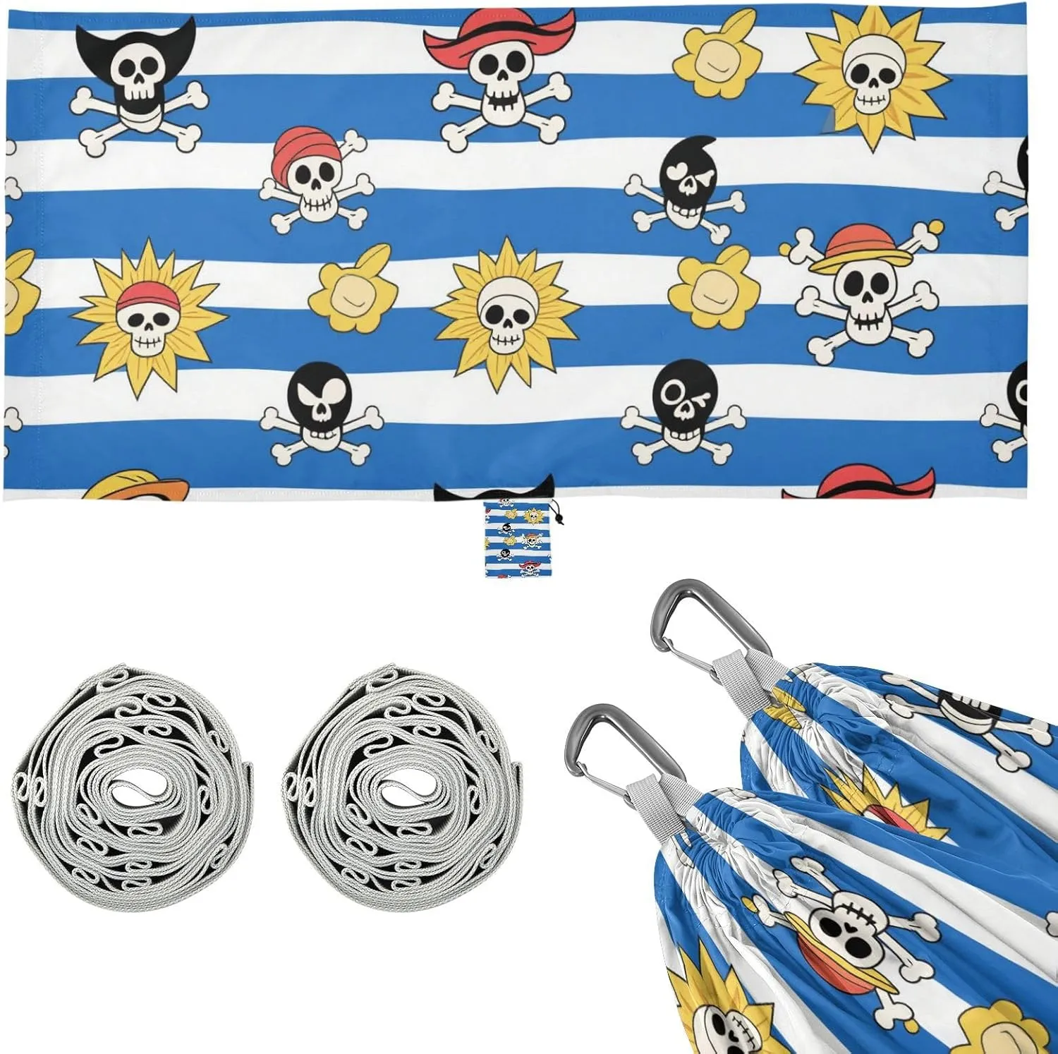 Blue White Striped Coastal Pirate Skeleton Camping Hammock with Portabl Carry Bag Portable Hammock for Indoor Outdoor Patio
