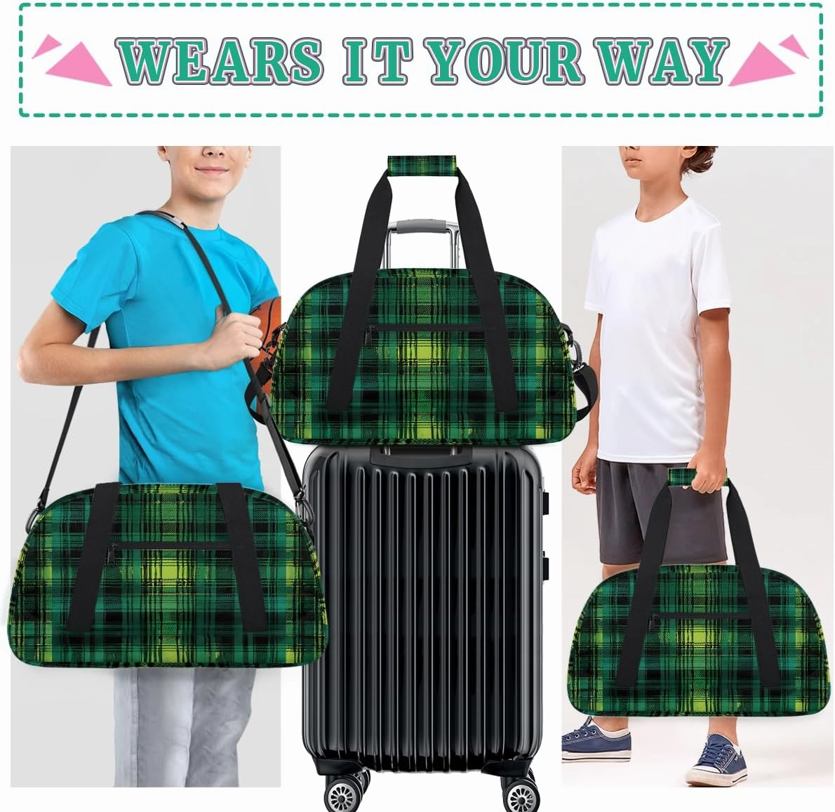 Blue Grid Kids Overnighter Duffel Bags for Boys, Carry-On Size Sports Gym Bag with Front Zipper Pocket for School Practice or Overnight Travel Weekender Sleepover Tote Bag