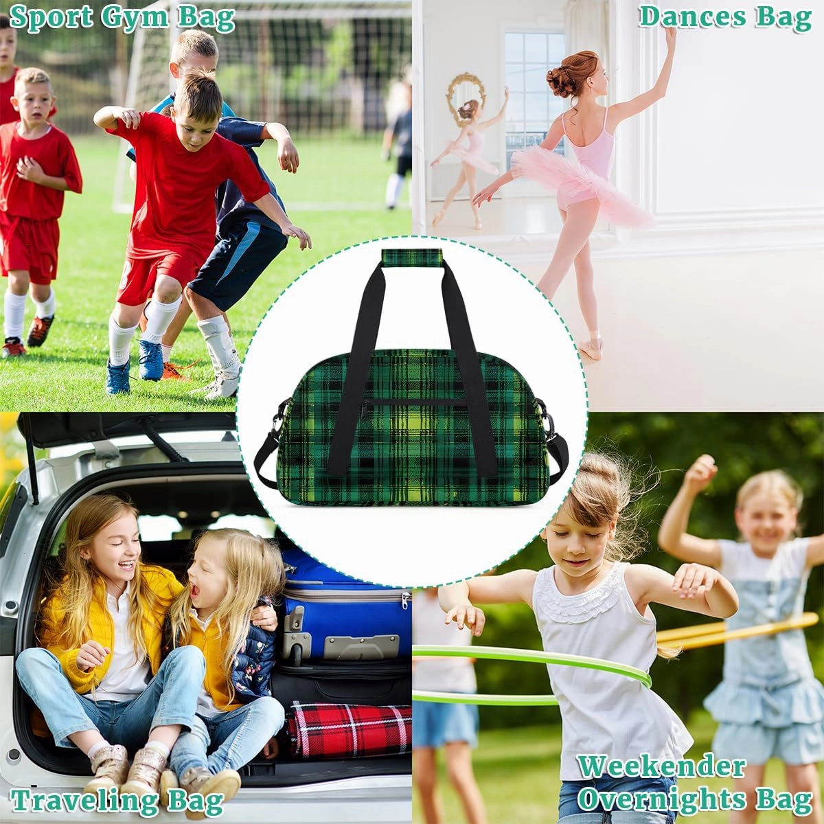 Blue Grid Kids Overnighter Duffel Bags for Boys, Carry-On Size Sports Gym Bag with Front Zipper Pocket for School Practice or Overnight Travel Weekender Sleepover Tote Bag