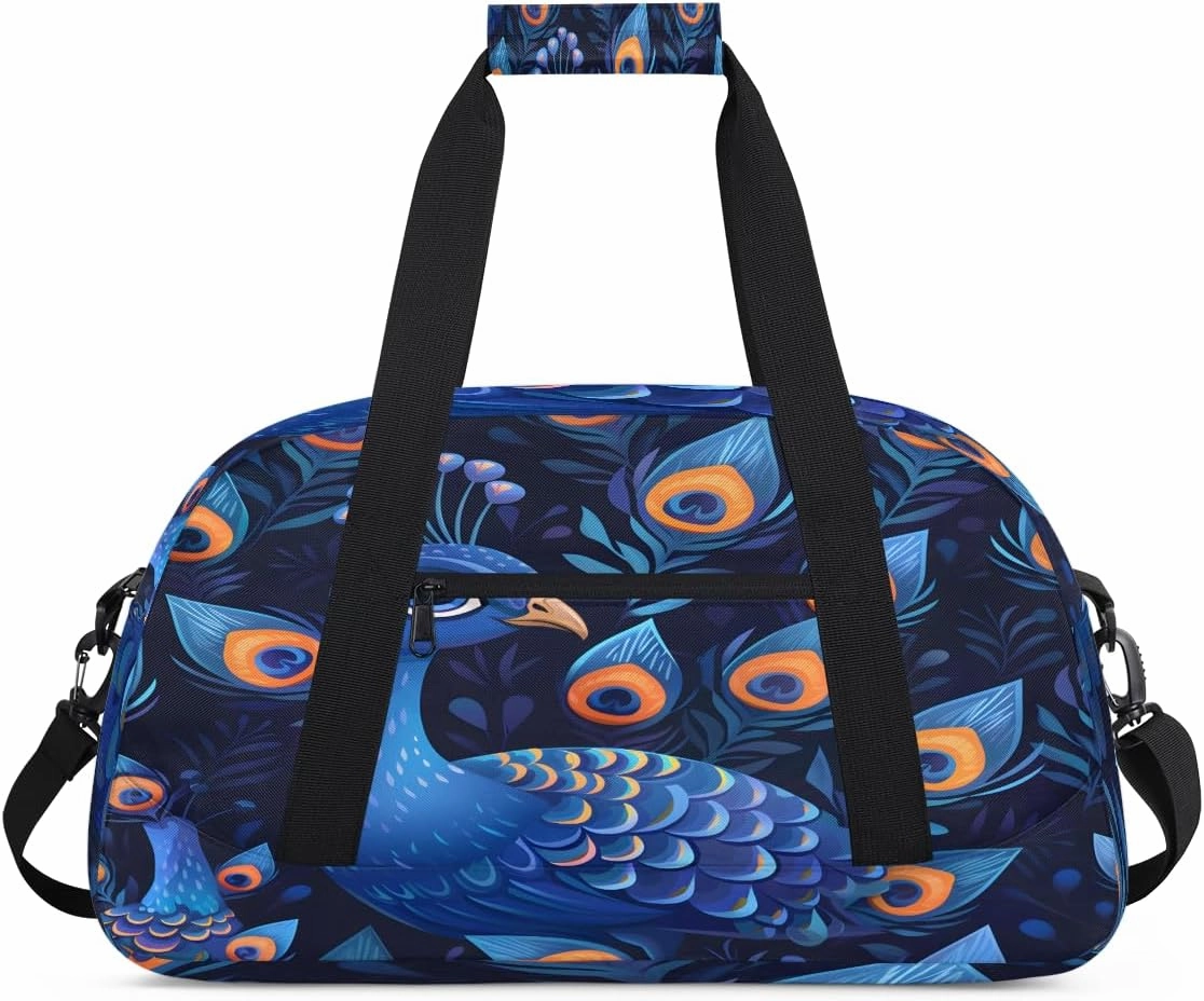 Blue Peacock Kids Overnighter Duffel Bags for Boys, Carry-On Size Sports Gym Bag with Front Zipper Pocket for School Practice or Overnight Travel Weekender Sleepover Tote Bag
