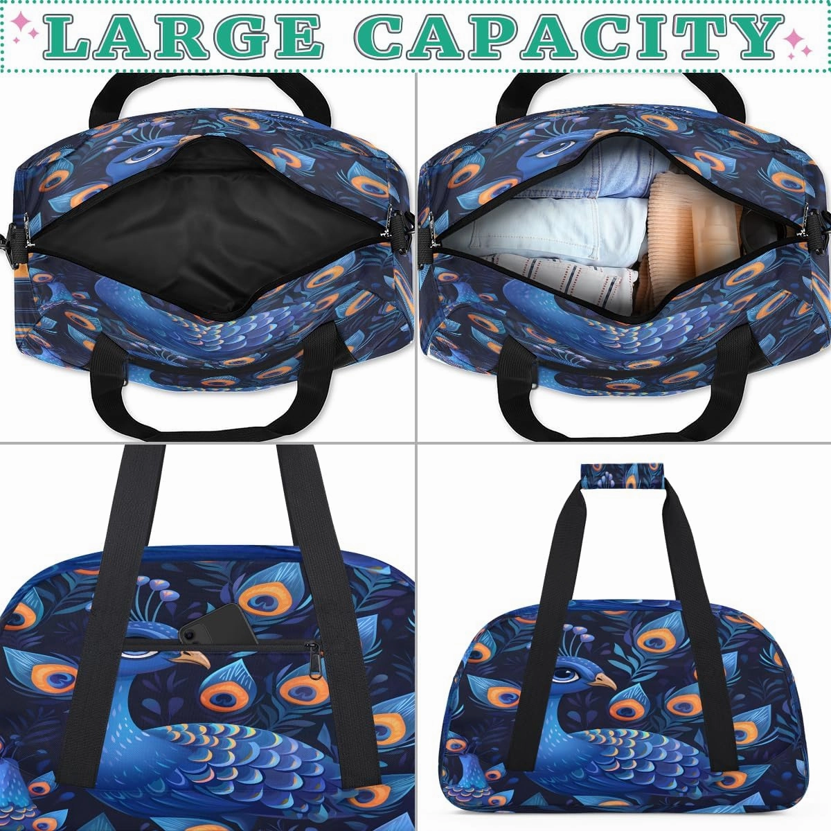 Blue Peacock Kids Overnighter Duffel Bags for Boys, Carry-On Size Sports Gym Bag with Front Zipper Pocket for School Practice or Overnight Travel Weekender Sleepover Tote Bag