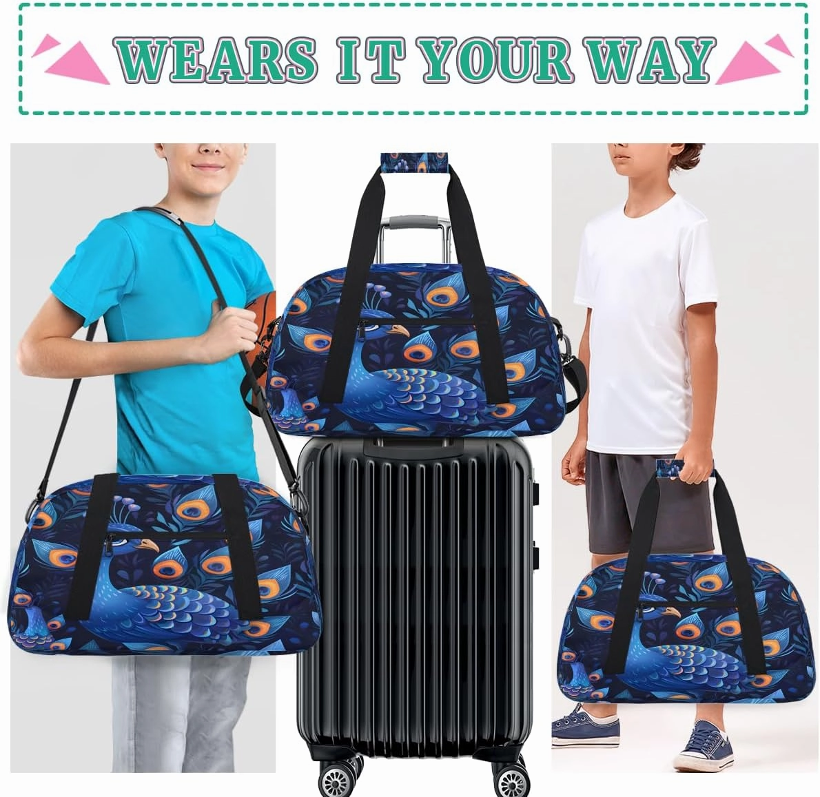 Blue Peacock Kids Overnighter Duffel Bags for Boys, Carry-On Size Sports Gym Bag with Front Zipper Pocket for School Practice or Overnight Travel Weekender Sleepover Tote Bag