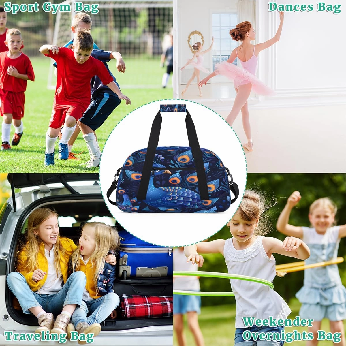 Blue Peacock Kids Overnighter Duffel Bags for Boys, Carry-On Size Sports Gym Bag with Front Zipper Pocket for School Practice or Overnight Travel Weekender Sleepover Tote Bag