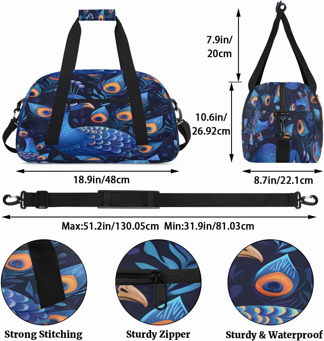 Blue Peacock Kids Overnighter Duffel Bags for Boys, Carry-On Size Sports Gym Bag with Front Zipper Pocket for School Practice or Overnight Travel Weekender Sleepover Tote Bag