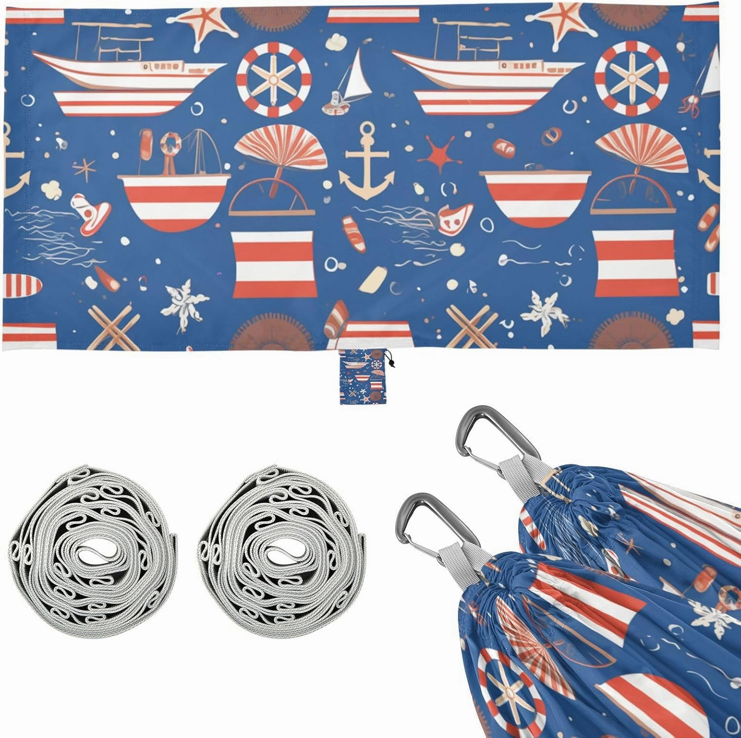 Blue Sea Ocean Stripe Outdoor Hammocks with Hanging Rope Portable Hammock for Indoor Outdoor Patio