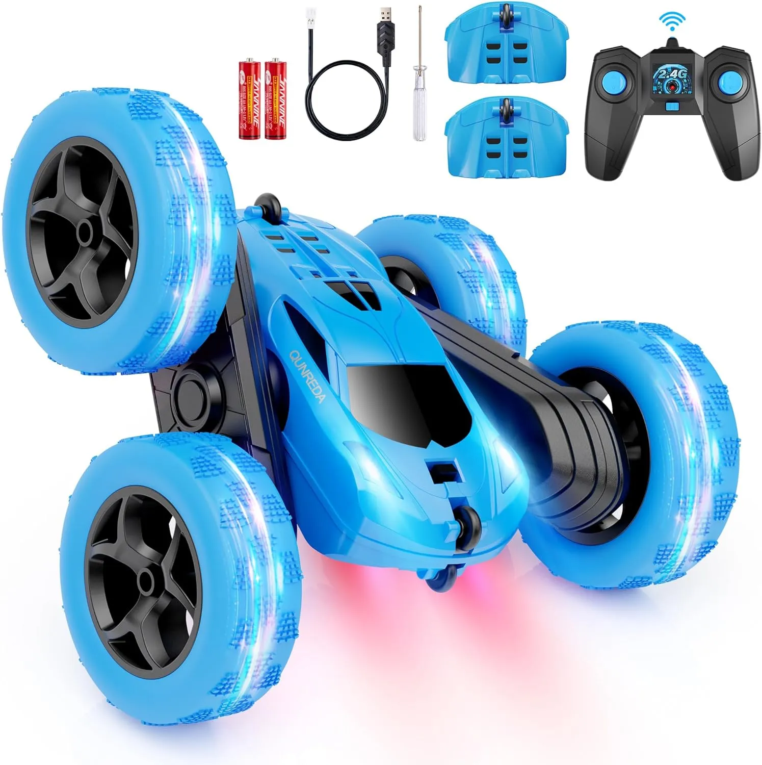BlueRemote-Controlled Stunt Car – Vivid 4WD Toy with 360° Rotation, 2.4GHz Transmitter, Rechargeable Electric Racing Car, Headlights, Kids Birthday Surprise