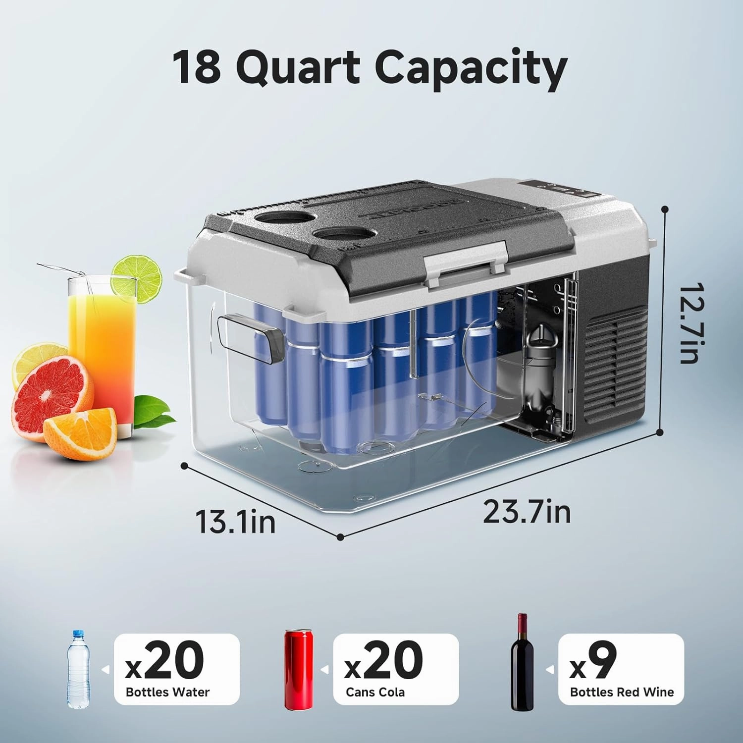 BODEGACOOLER 12 Volt Car Refrigerator, 18 Quart Portable Freezer, Car Fridge -4℉-68℉, Compressor Electric Cooler 12/24V DC100-240 Volt AC for Outdoor RV Camping Travel Vehicles Home Use, Black