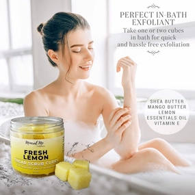 Body Scrub Exfoliator - 12oz FRESH LEMON Sugar scrub cubes w/Mango Butter & Shea butter- Ultra Hydrating & Moisturizing - Natural, Organic for all body exfoliation- For hands, arms legs, elbow & foot