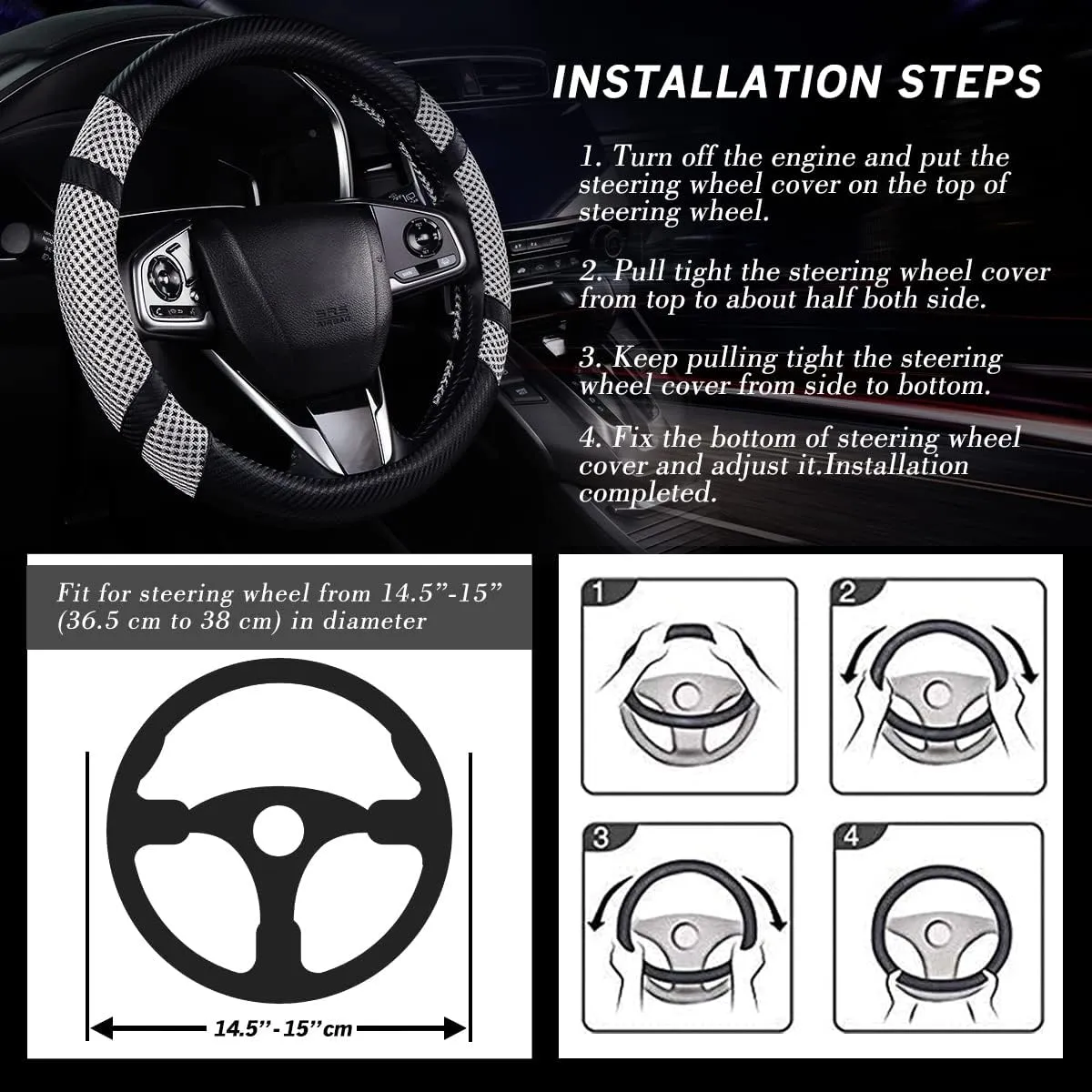 BOKIN Carbon Fiber Steering Wheel Cover, Universal 14.5-15 inch, Auto Car Microfiber Leather, Breathable Ice Silk Steering Wheel Protector, Cool in Summer and Warm in Winter, Carbon Fiber Tan