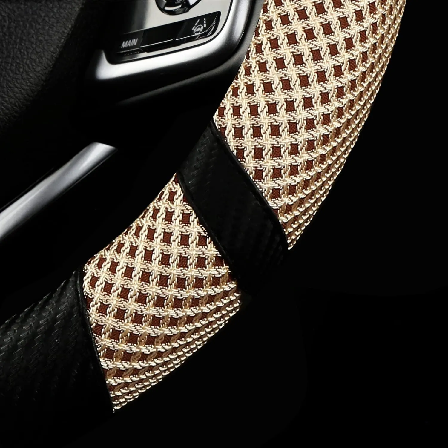 BOKIN Carbon Fiber Steering Wheel Cover, Universal 14.5-15 inch, Auto Car Microfiber Leather, Breathable Ice Silk Steering Wheel Protector, Cool in Summer and Warm in Winter, Carbon Fiber Tan