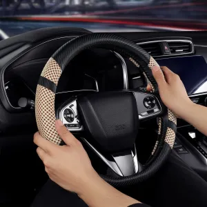 BOKIN Carbon Fiber Steering Wheel Cover, Universal 14.5-15 inch, Auto Car Microfiber Leather, Breathable Ice Silk Steering Wheel Protector, Cool in Summer and Warm in Winter, Carbon Fiber Tan