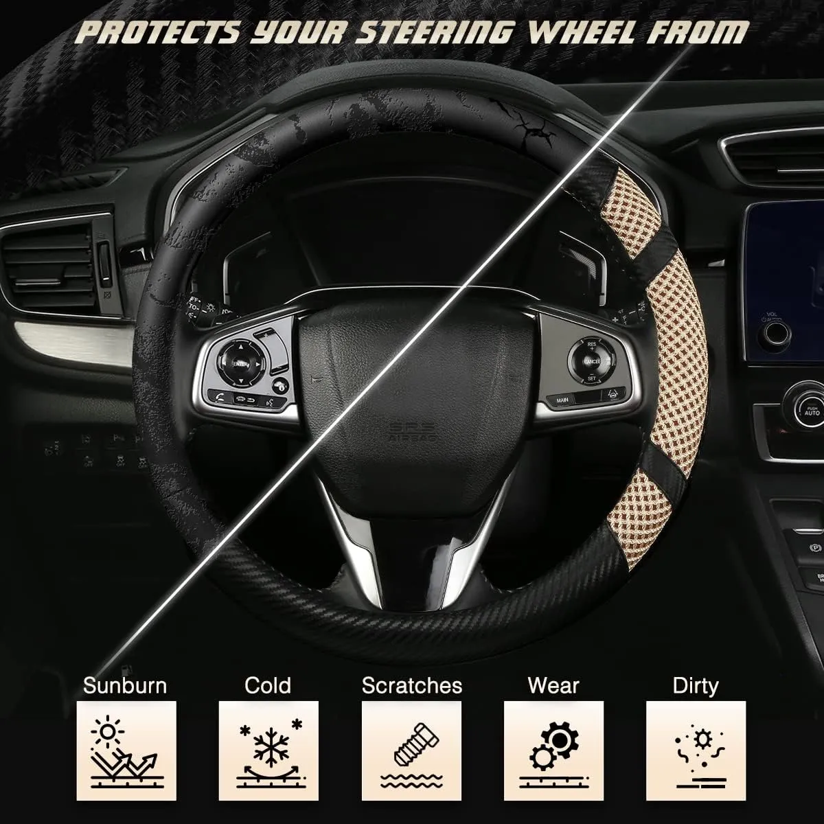 BOKIN Carbon Fiber Steering Wheel Cover, Universal 14.5-15 inch, Auto Car Microfiber Leather, Breathable Ice Silk Steering Wheel Protector, Cool in Summer and Warm in Winter, Carbon Fiber Tan