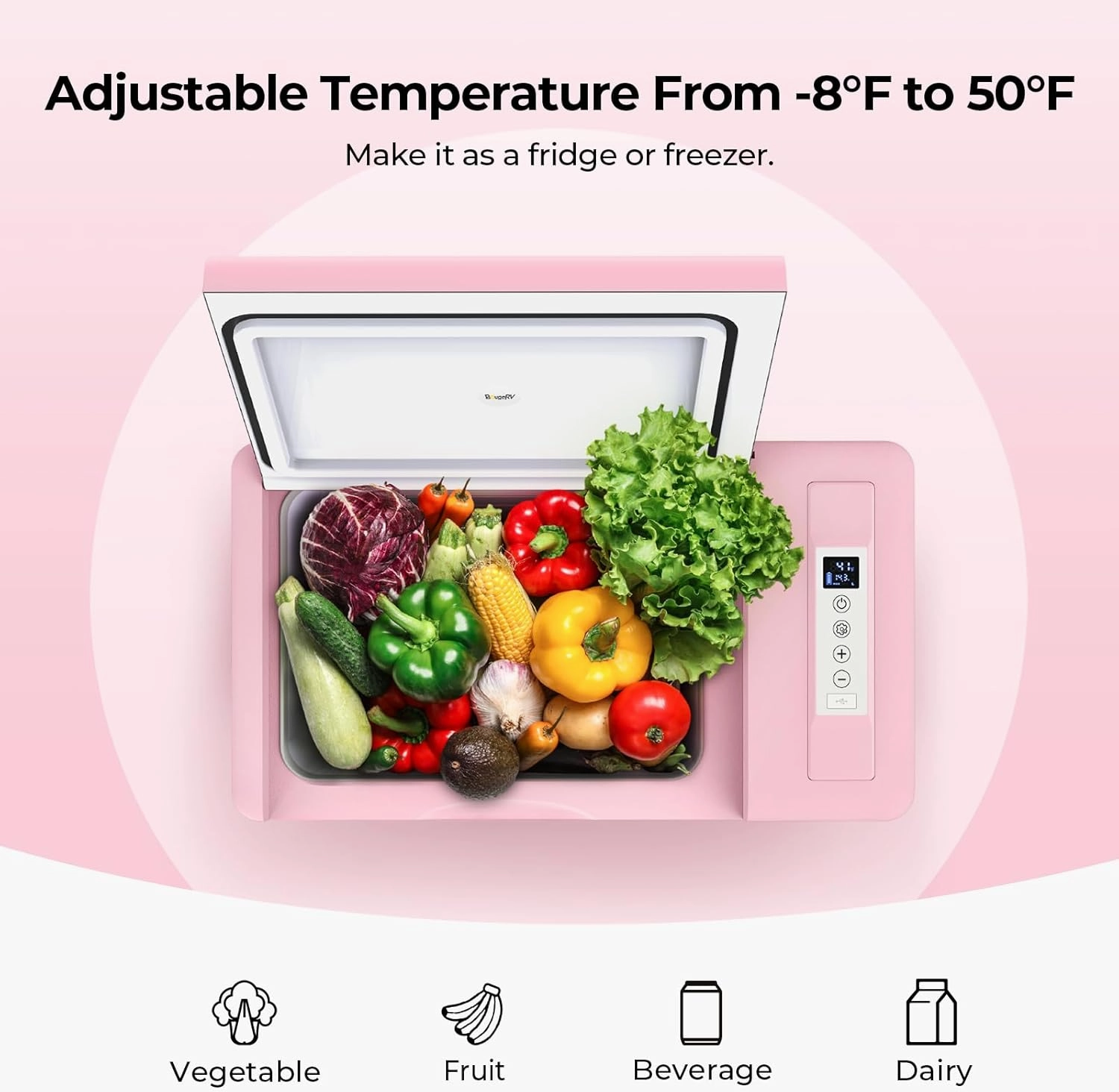 BougeRV Pink 23Quart Portable Refrigerator, 12 Volt Fridge 22L, Portable Freezer Compressor Cooler 12/24V DC 110~240 Volt AC for Truck Van RV Camper -7℉~50℉