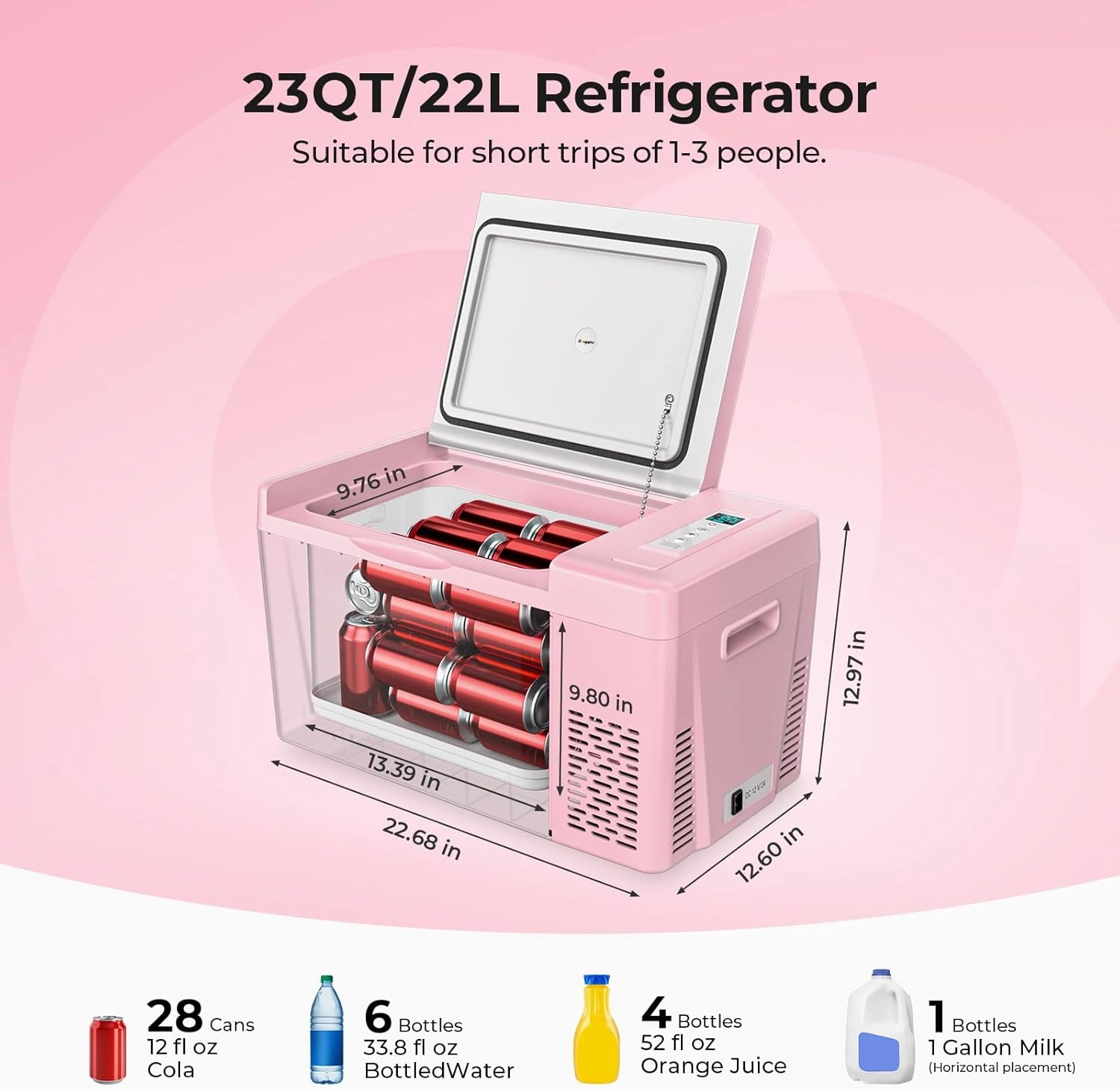 BougeRV Pink 23Quart Portable Refrigerator, 12 Volt Fridge 22L, Portable Freezer Compressor Cooler 12/24V DC 110~240 Volt AC for Truck Van RV Camper -7℉~50℉