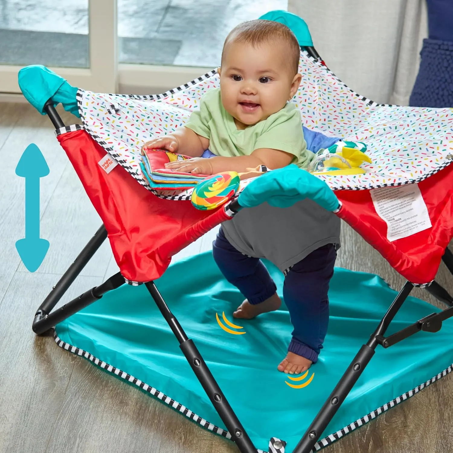 Bright Starts Pop 'N Jump Portable Activity Jumper, Indoor/Outdoor Use, Sweet Treats with 4 Sensory Toys, Ages 6-12 Months