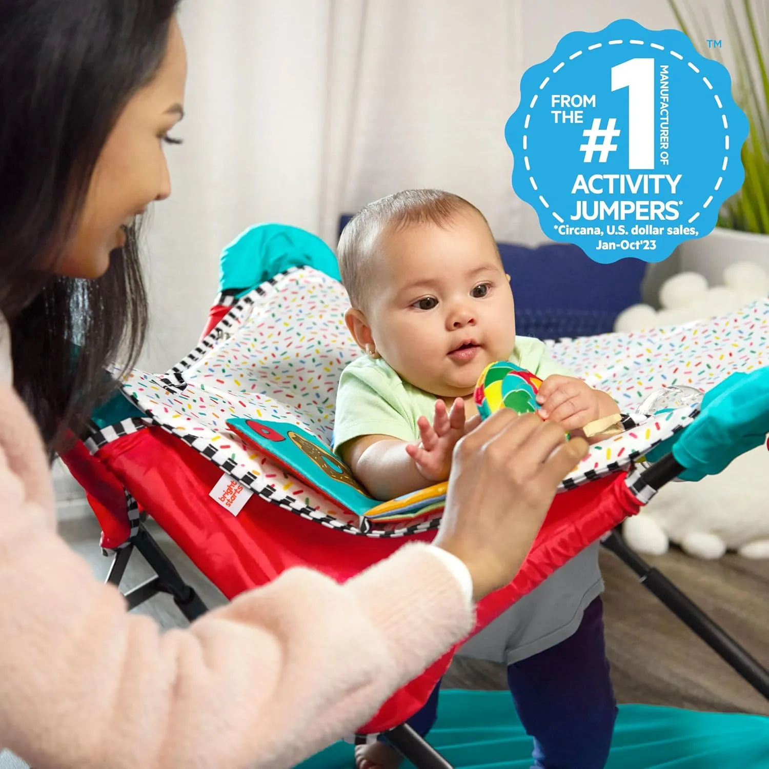 Bright Starts Pop 'N Jump Portable Activity Jumper, Indoor/Outdoor Use, Sweet Treats with 4 Sensory Toys, Ages 6-12 Months